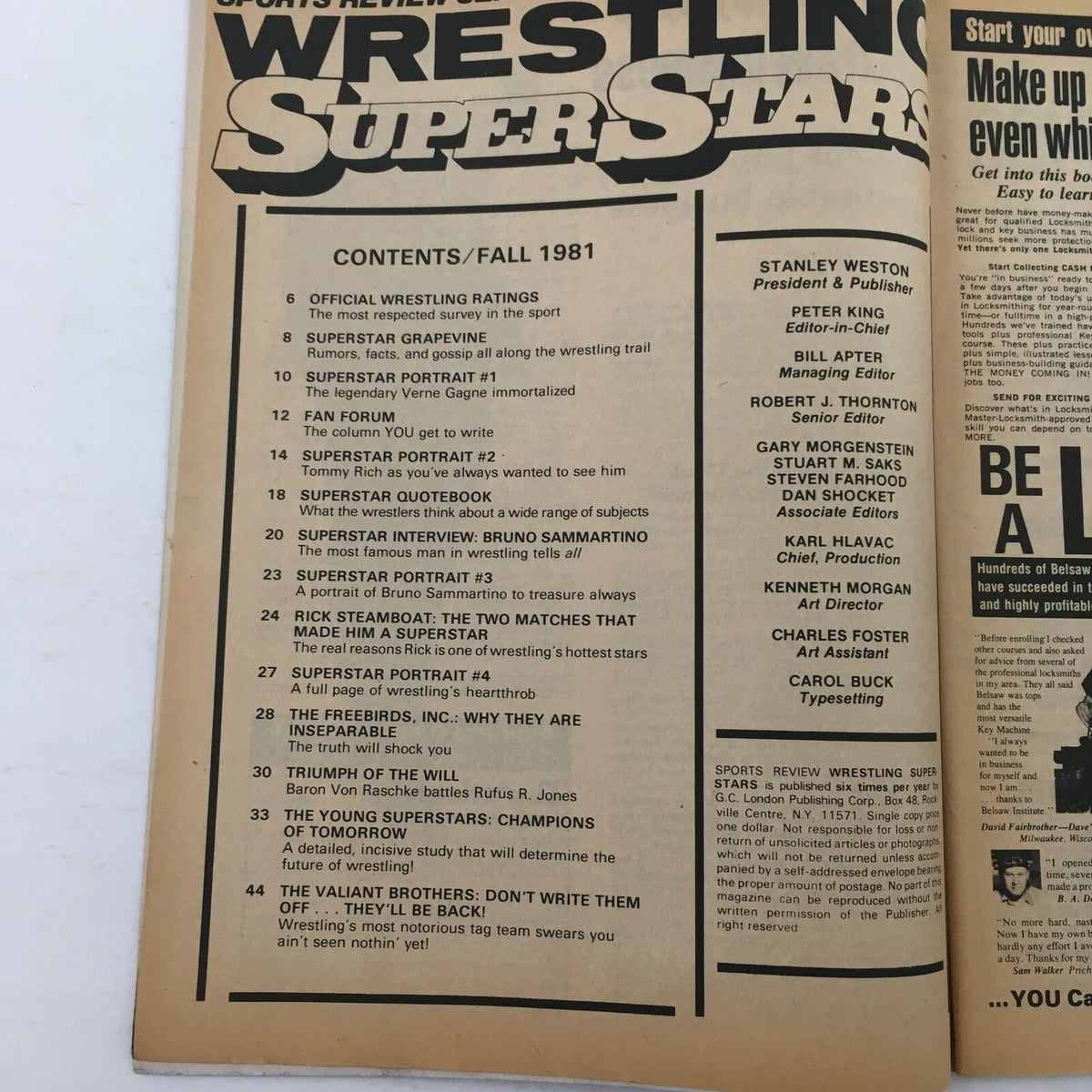Contents page of Wrestling Superstars Magazine Fall 1981 outlining articles and features including interviews with Rick Steamboat and Bruno Sammartino.