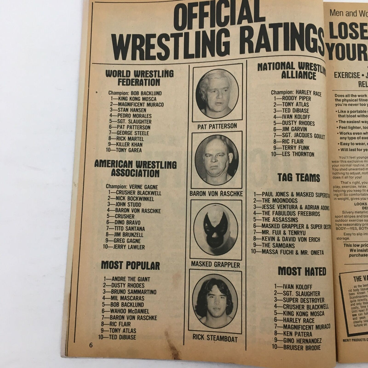 Official wrestling ratings page from Wrestling Superstars Magazine Fall 1981 displaying rankings of popular wrestlers and tag teams.