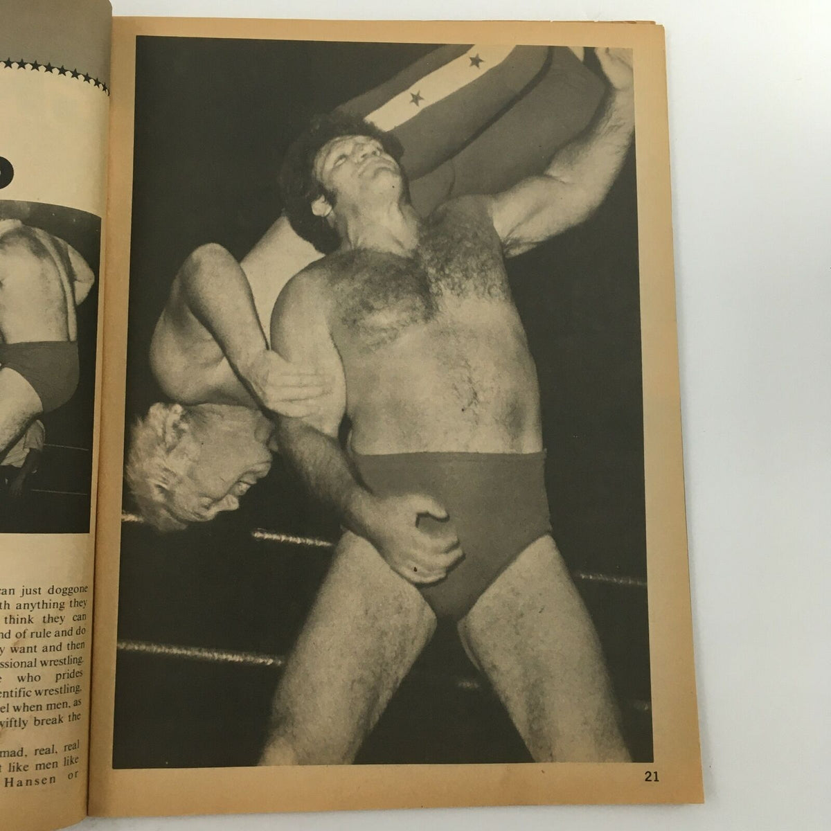 Black and white photo from Wrestling Superstars Magazine Fall 1981 depicting a wrestling match featuring two iconic wrestlers in action.