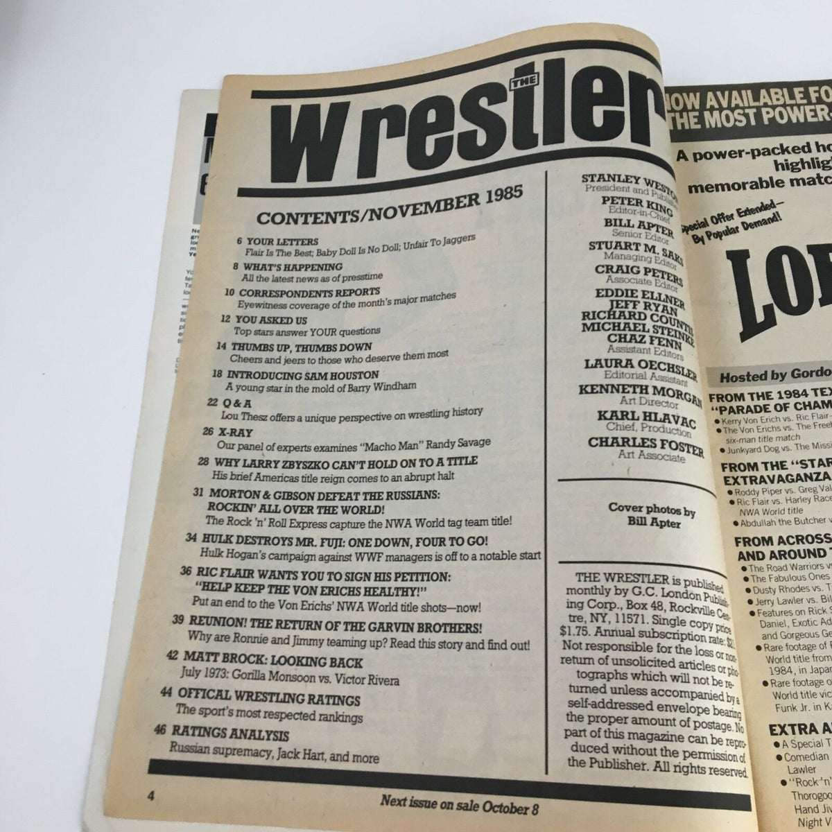 Inside page of The Wrestler Magazine November 1985 displaying the table of contents, highlighting key articles and features in this iconic wrestling issue.