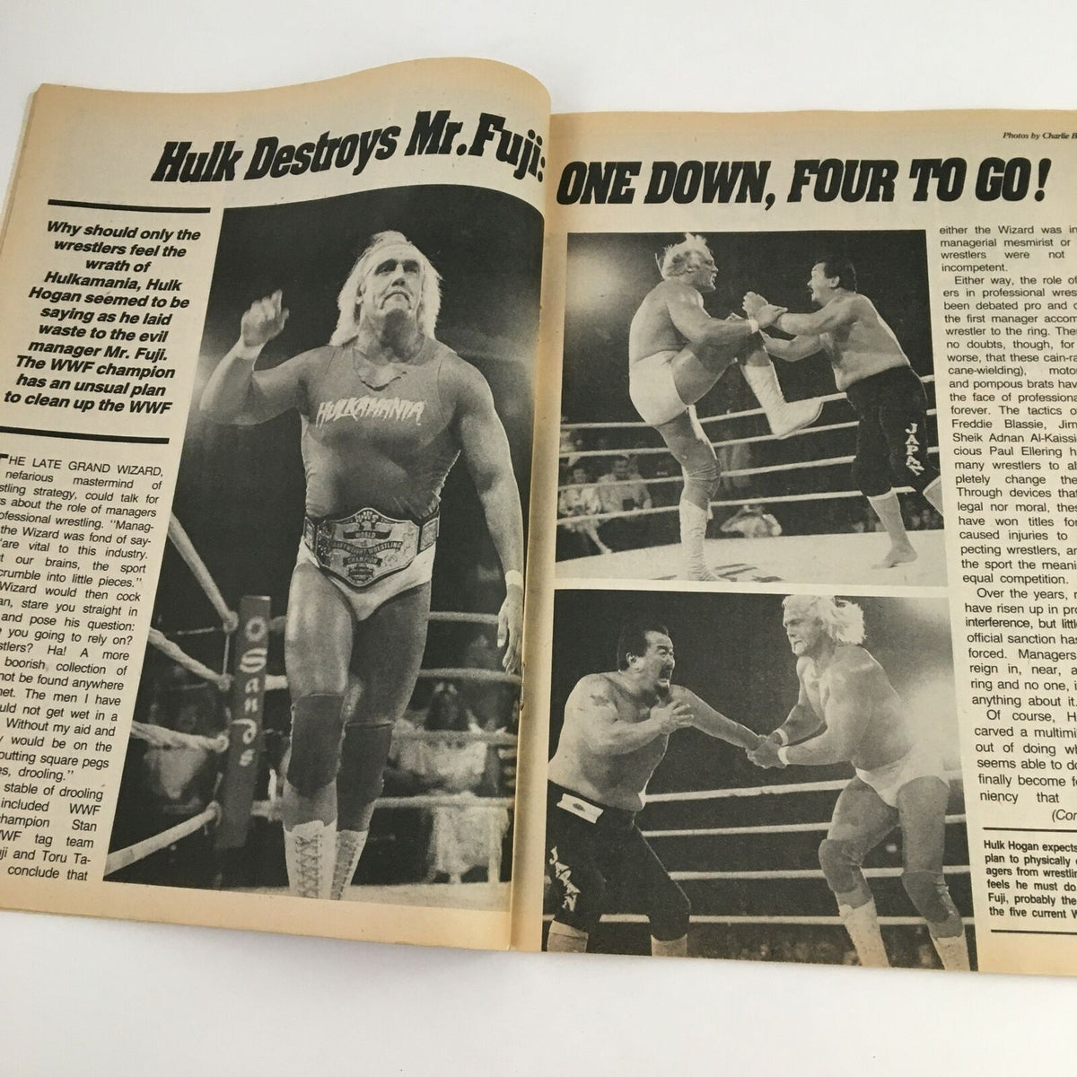 Article from The Wrestler Magazine November 1985 titled 'Hulk Destroys Mr. Fuji: ONE DOWN, FOUR TO GO!' featuring action shots of Hulk Hogan and Mr. Fuji in the ring.