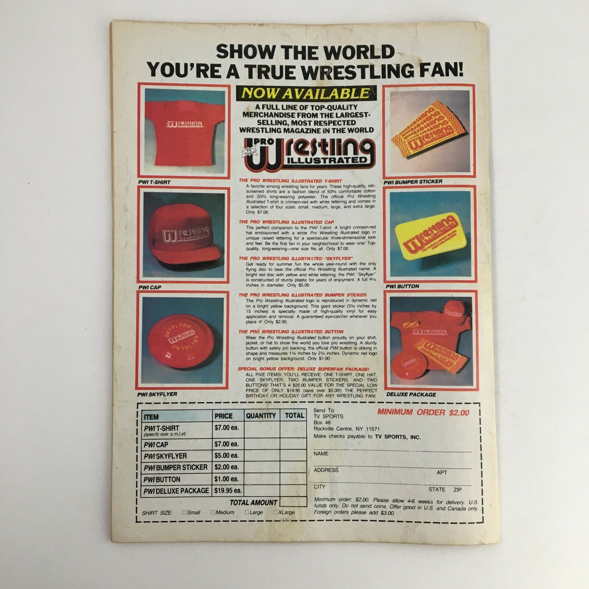 Back cover of The Wrestler Magazine November 1985 featuring merchandise advertisement for wrestling apparel and collectibles, including PWI t-shirts, caps, and bumper stickers.