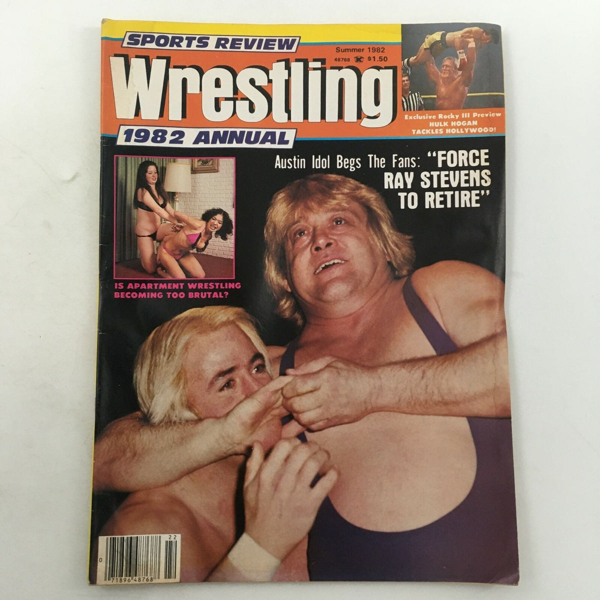 WWF Wrestling Magazine Summer 1982 featuring Hulk Hogan and Sylvester Stallone on the cover, showcasing a vintage design and highlights of classic wrestling culture from the 1980s.