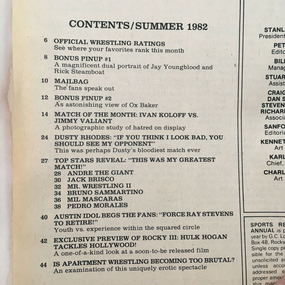 WWF Wrestling Magazine Summer 1982 contents page featuring articles on wrestling match rankings and prominent wrestlers.