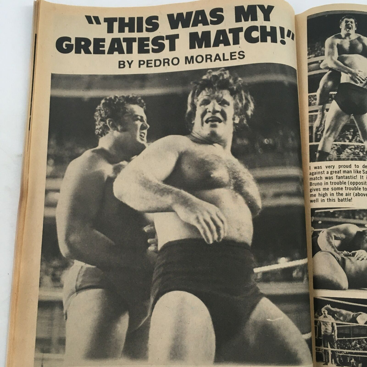 WWF Wrestling Magazine Summer 1982 inner page featuring Pedro Morales discussing his greatest wrestling match.
