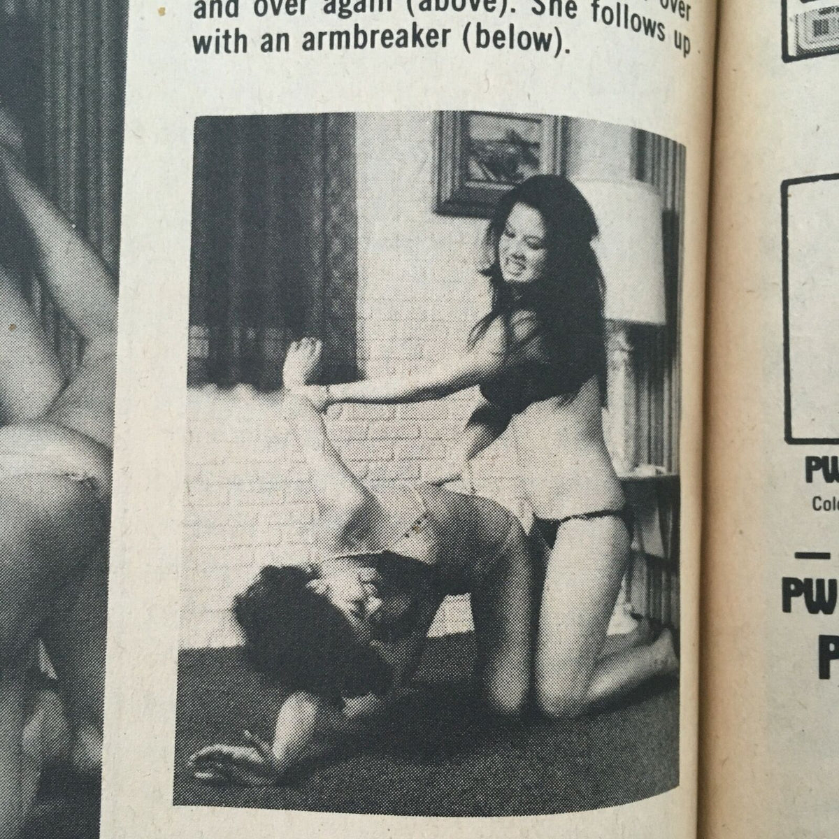 WWF Wrestling Magazine Summer 1982 section featuring highlights of wrestling moves with women in a playful wrestling match.
