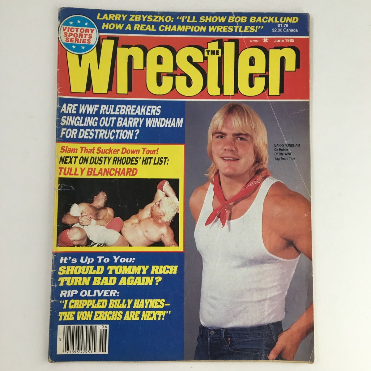 The Wrestler Magazine June 1985 featuring Barry Windham and Tully Blanchard on the cover, showcasing wrestling highlights and interviews from the mid-1980s.