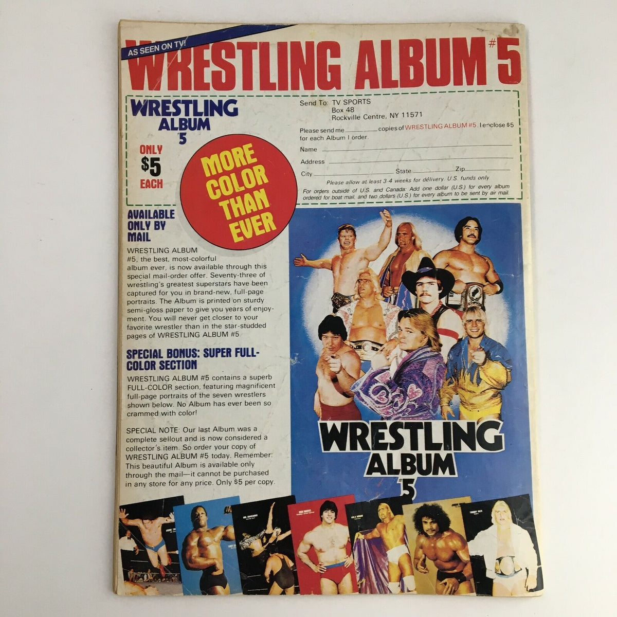 The cover of Wrestling Album #5 featured in The Wrestler Magazine June 1985, promoting a special mail-order album showcasing famous wrestlers. Highlights the album's full-color section and unique content.
