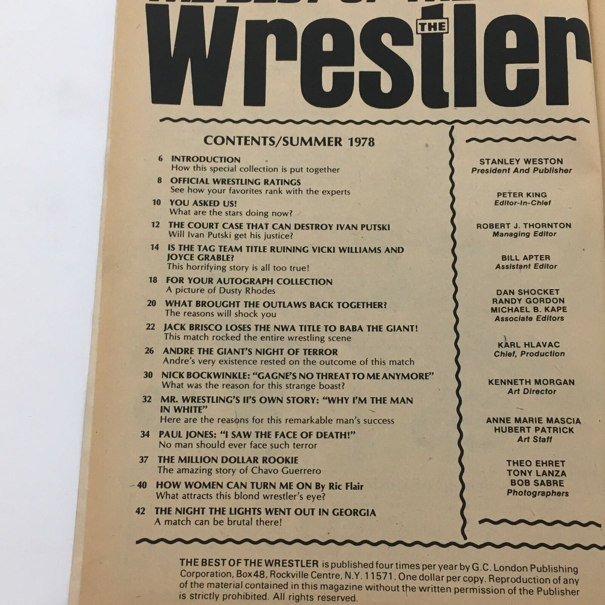 Table of contents page from 'The Best of the Wrestler Magazine Summer 1978', listing articles and features, including Andre the Giant's Night of Terror.