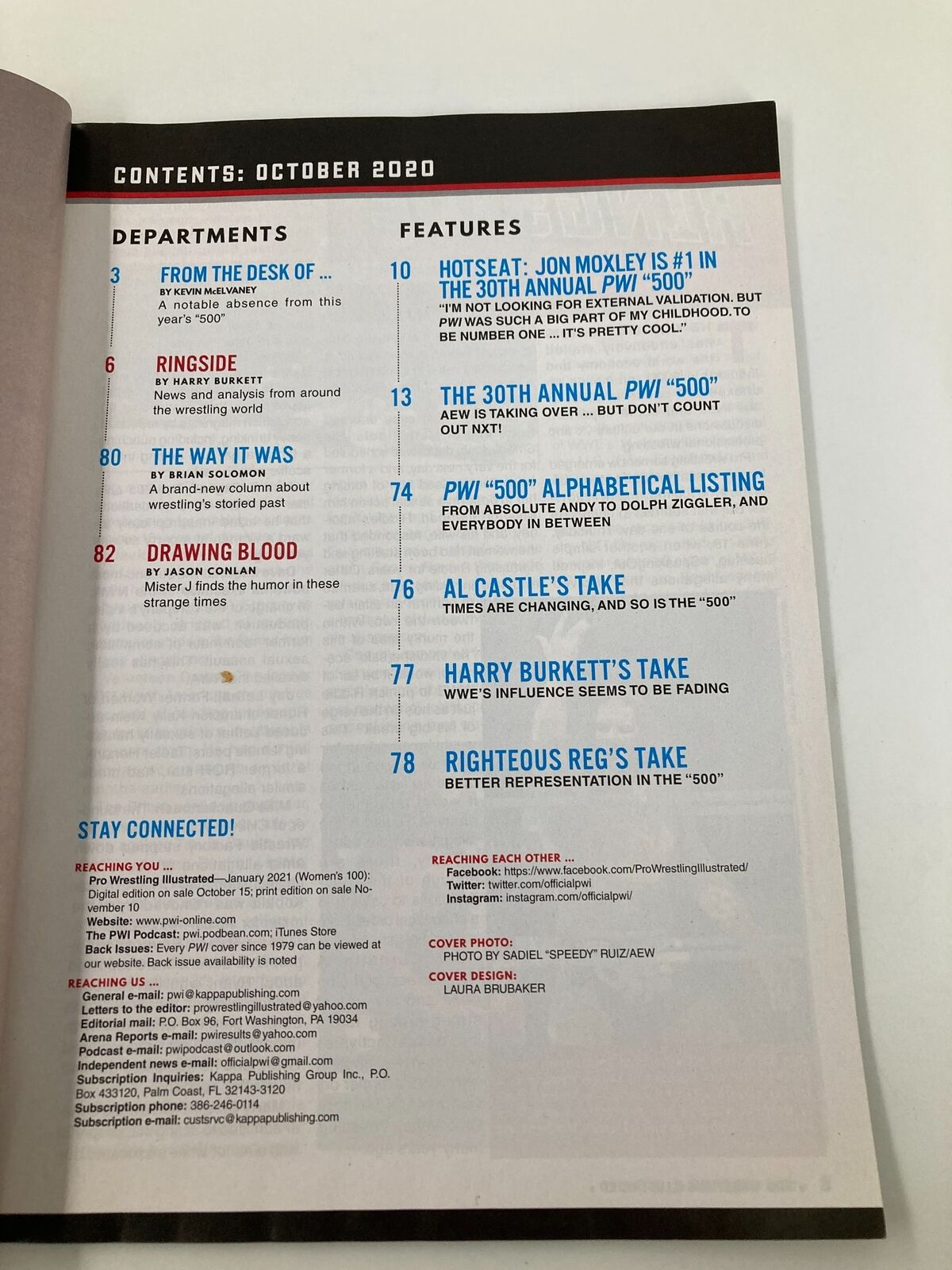 Contents page of the Pro Wrestling Illustrated Magazine October 2020 showcasing articles and features related to John Moxley and wrestling history.