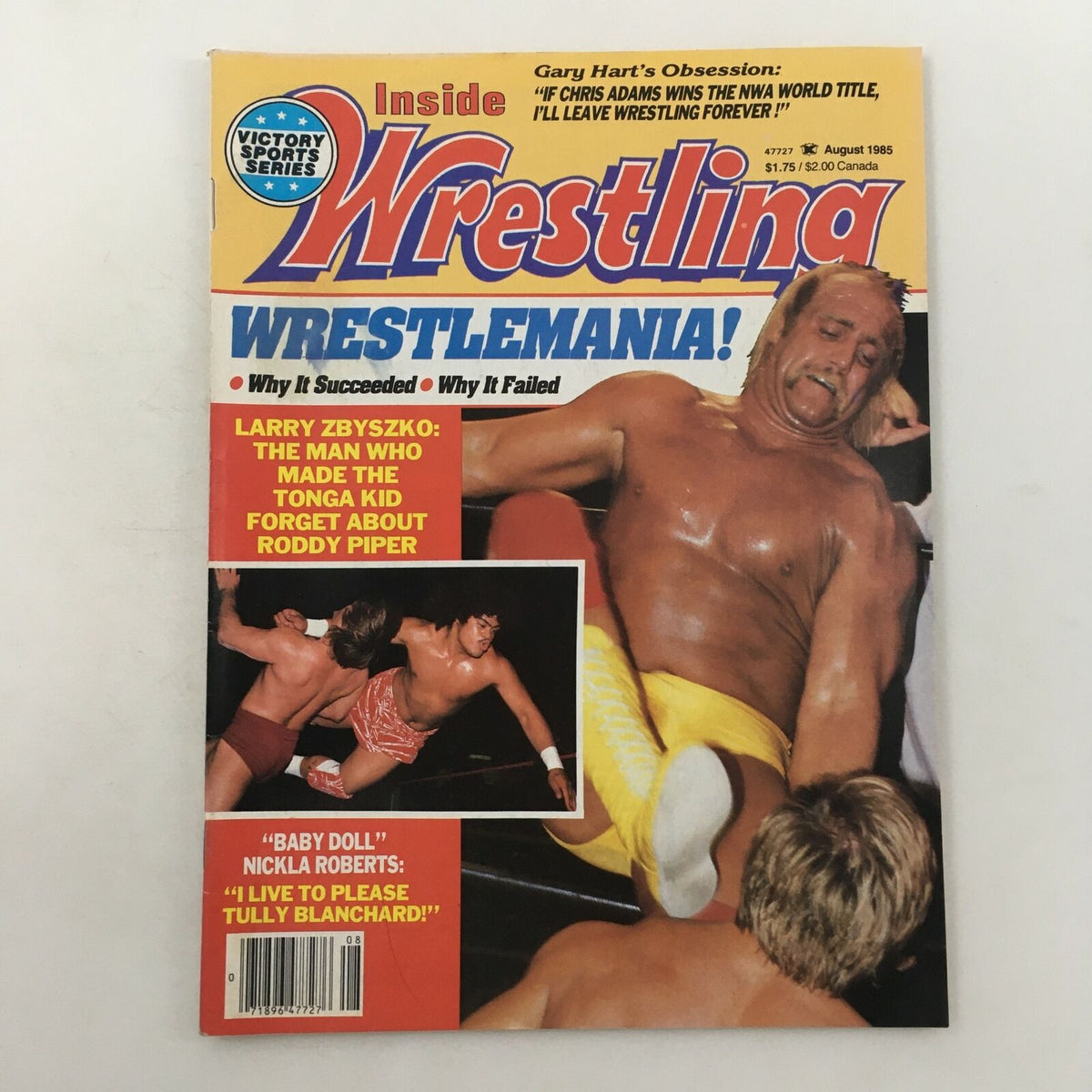 Inside Wrestling Magazine August 1985 featuring Hulk Hogan and Larry Zbyszko on the cover, showcasing wrestling action and promotional details.