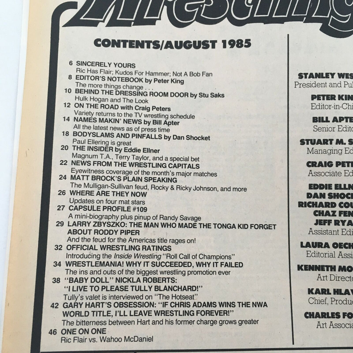 Contents page of Inside Wrestling Magazine August 1985, detailing various articles including features on Hulk Hogan and Larry Zbyszko.