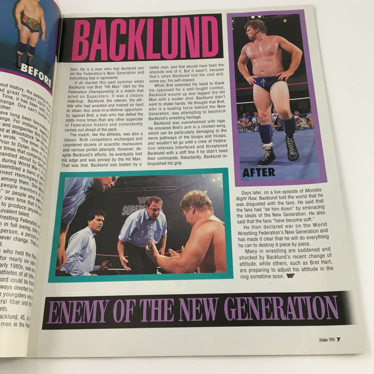 Article page from the World Wrestling Federation Magazine October 1994, featuring a profile on Bob Backlund and his role in the New Generation of wrestling.
