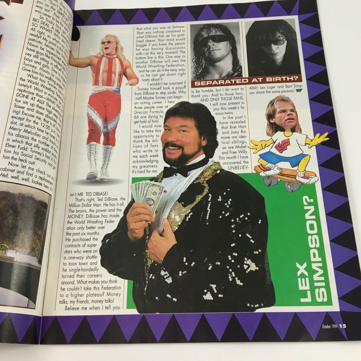 Inside page of the World Wrestling Federation Magazine October 1994 featuring Ted DiBiase, the Million Dollar Man, showcasing his character with cash, along with images of wrestlers and a humorous comparison between characters.
