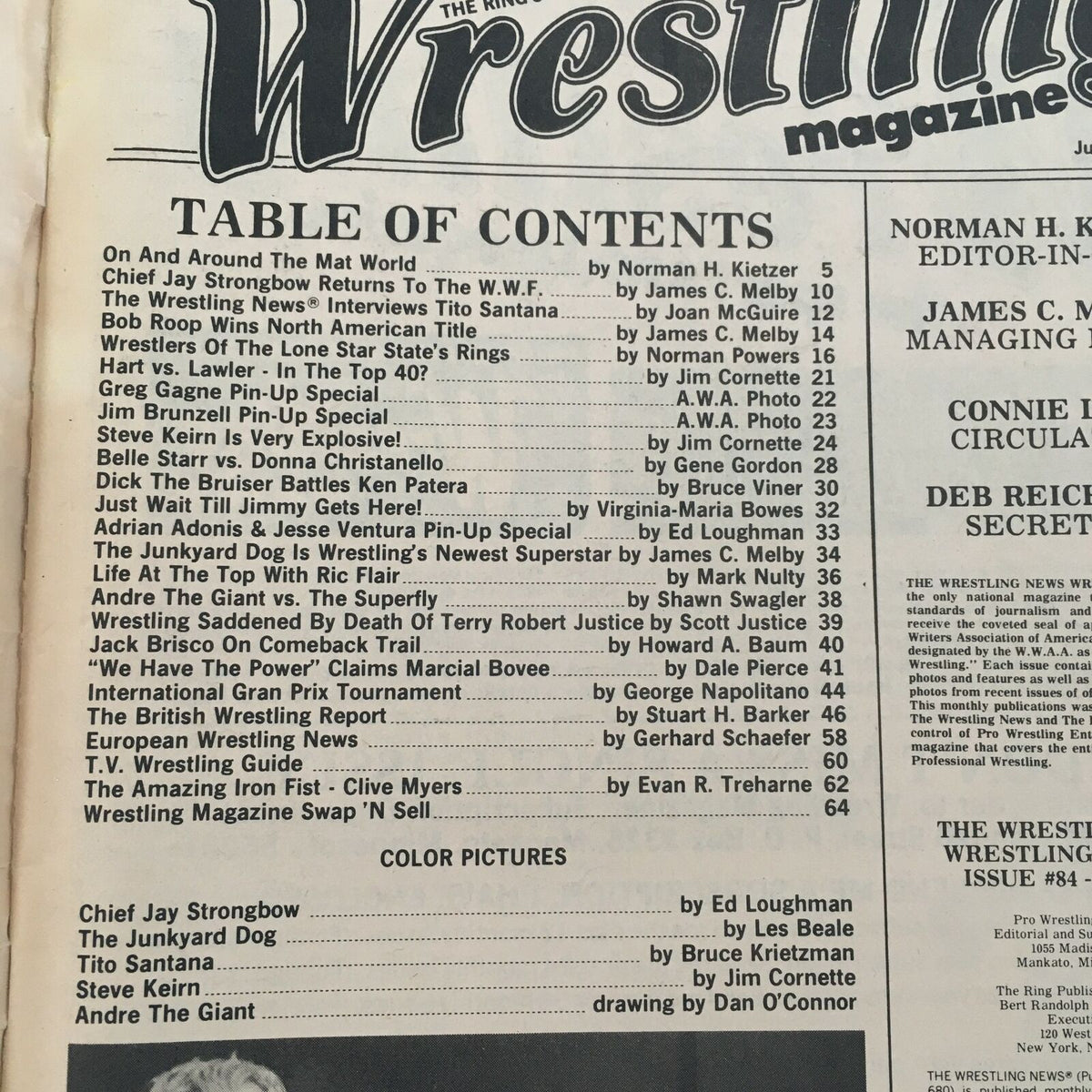 Table of Contents from The Ring's Wrestling Magazine June July 1982 detailing articles and features including Andre the Giant vs. The Superfly.