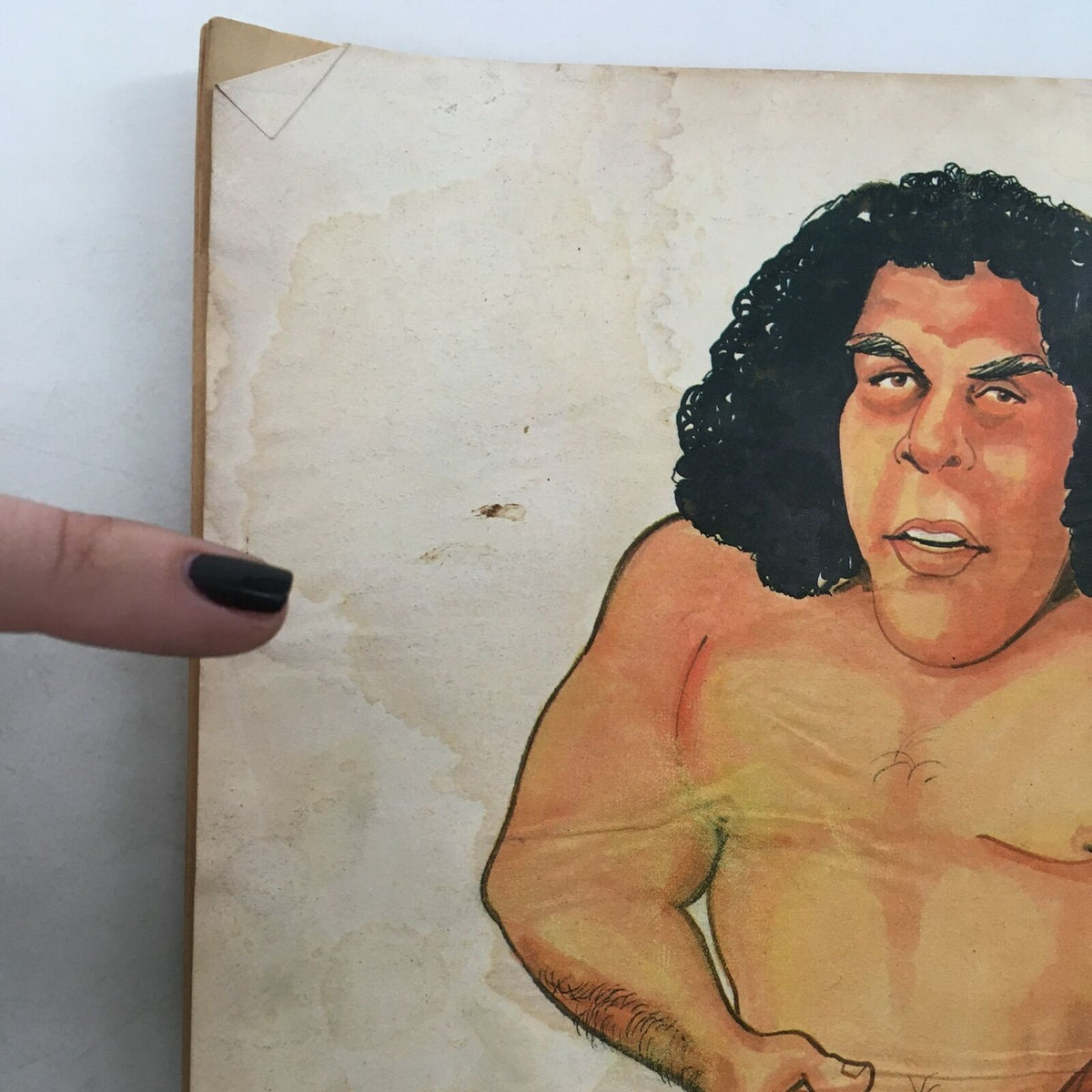 Close-up of the cover illustration from The Ring's Wrestling Magazine June July 1982, highlighting the details of Andre the Giant's caricature.