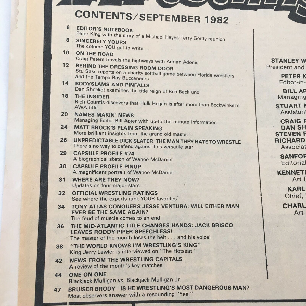 Inside Wrestling Magazine September 1982, Table of Contents highlighting key articles, including editor's notes and feature sections.