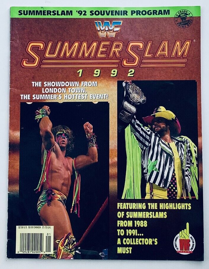 1992 Summer Slam Official Souvenir Program featuring legendary wrestlers Randy Savage and Kerry Von Erich, showcasing vibrant graphics and details of the event held in London. Perfect for collectors and wrestling fans.
