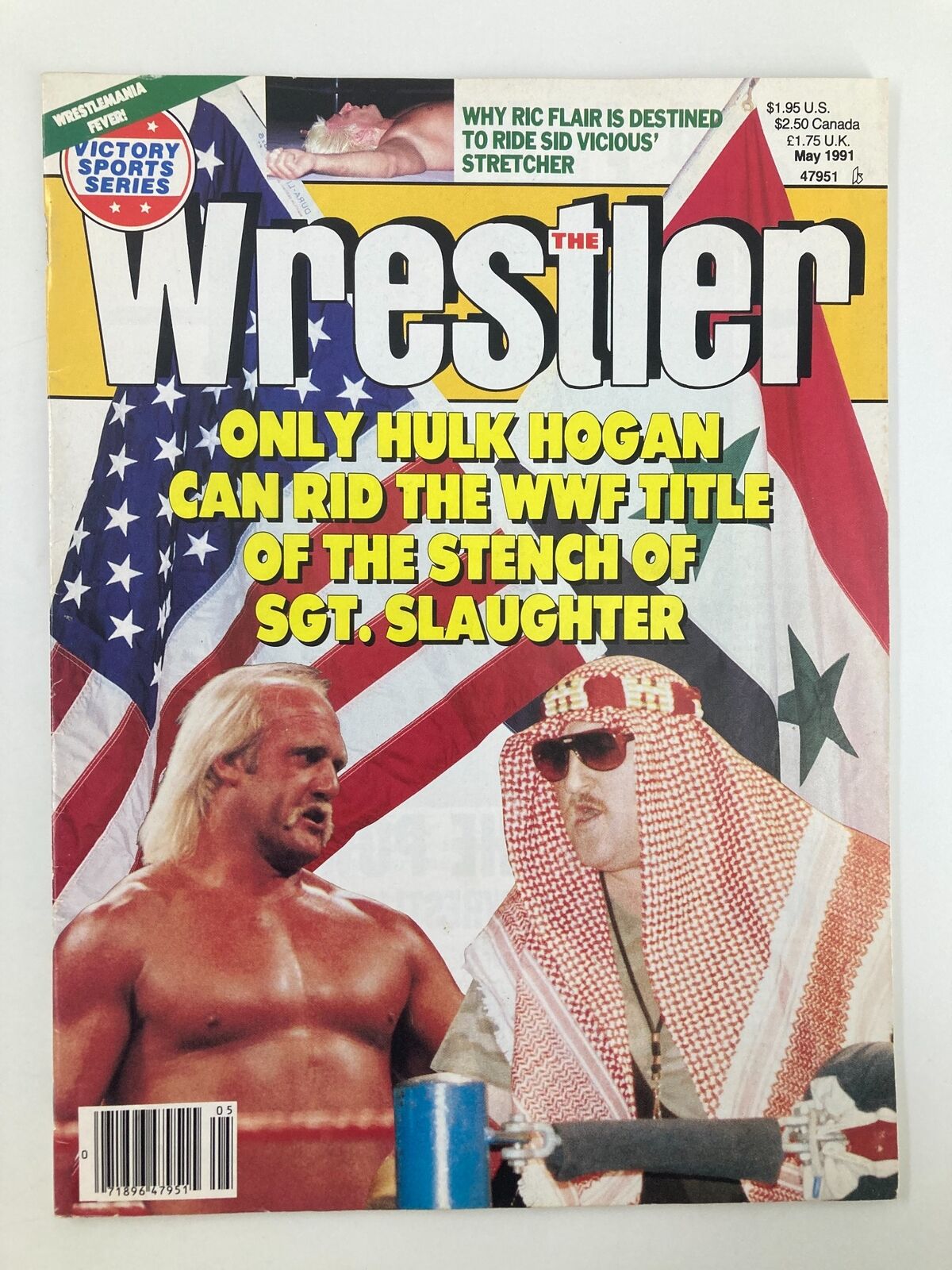 The Wrestler Magazine May 1991 featuring Hulk Hogan and Sgt. Slaughter on the cover with bold text highlighting the wrestling match scenario.
