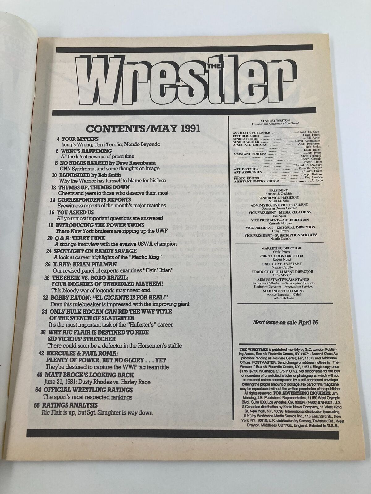 The contents page of The Wrestler Magazine May 1991, outlining articles and features including discussions about wrestling legends.