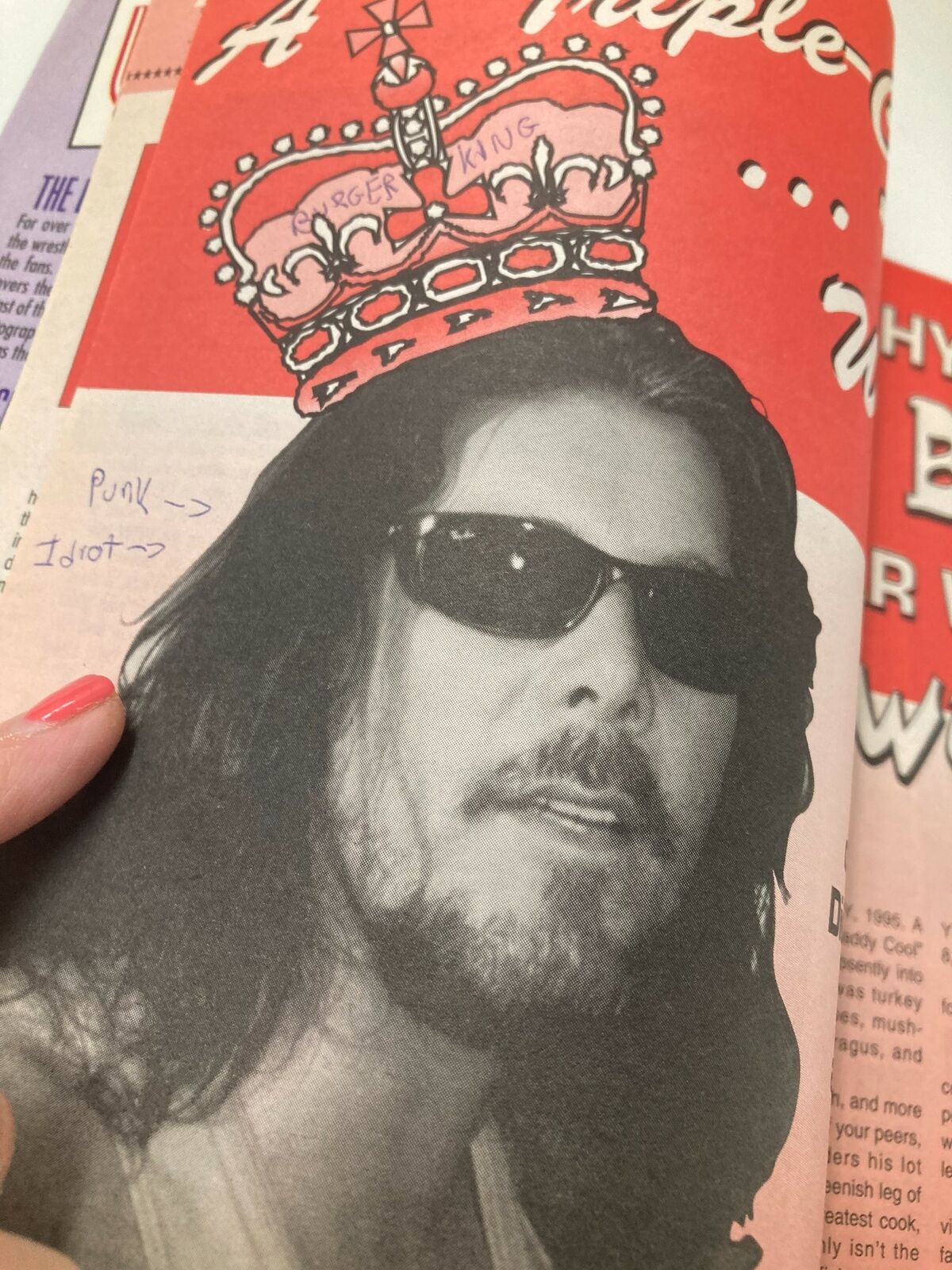 Interior page of Wrestling Superstars Spring 1996 magazine featuring an illustration and handwritten notes, adding a unique personal touch related to wrestling culture.