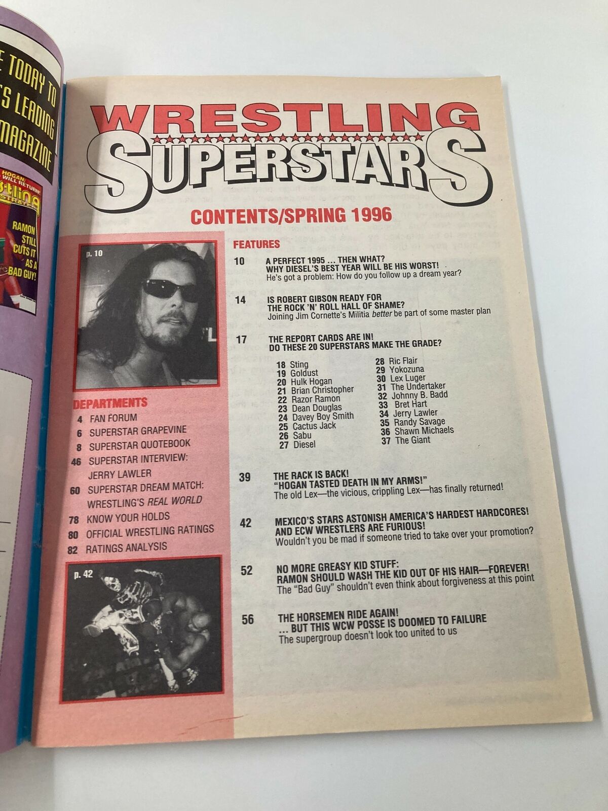 Table of contents from the Wrestling Superstars Spring 1996 magazine, listing key features, departments, and notable wrestlers highlighted in this collectible issue.