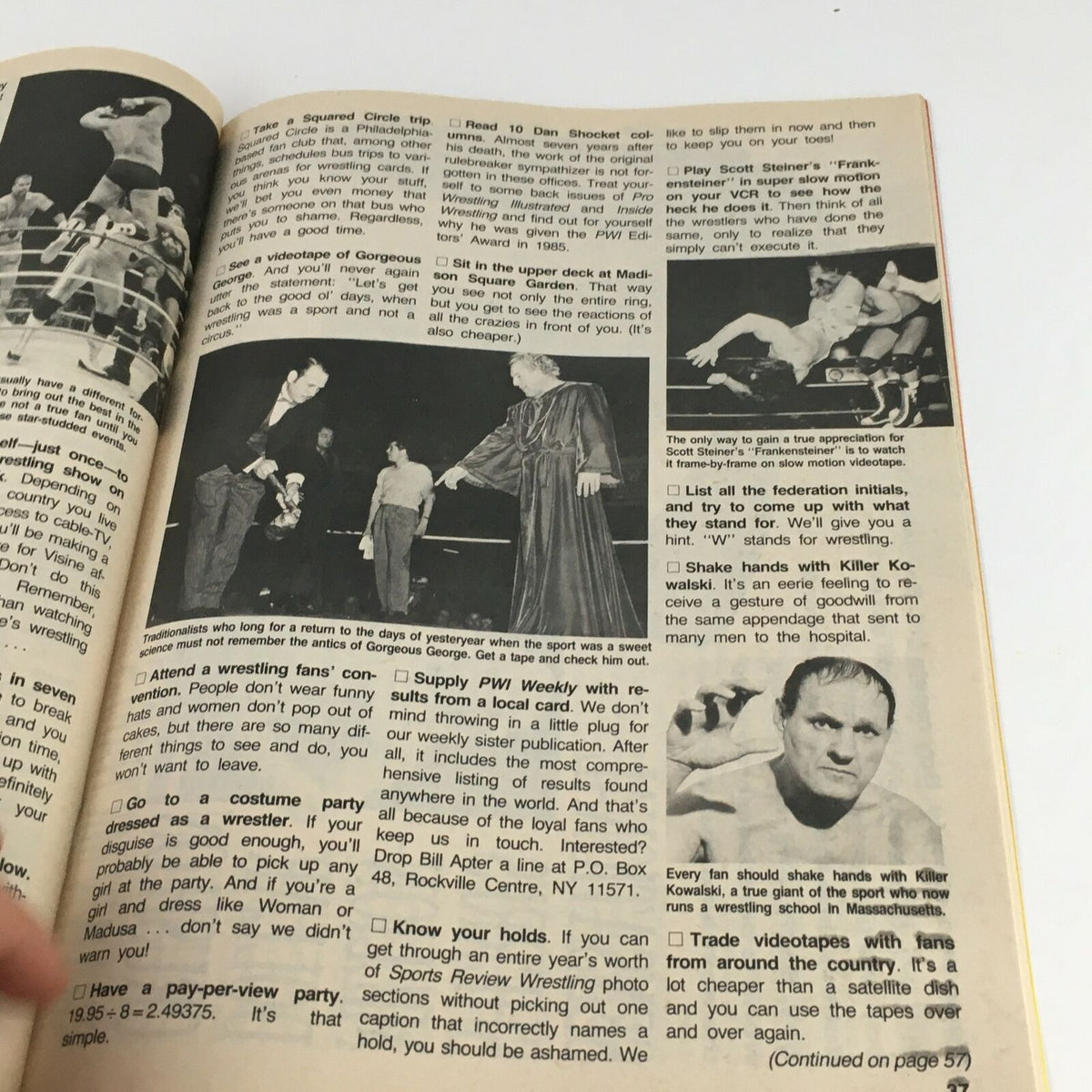 Interior page from Sports Review Wrestling Magazine April 1992 displaying articles about wrestling culture and visuals of wrestling events.