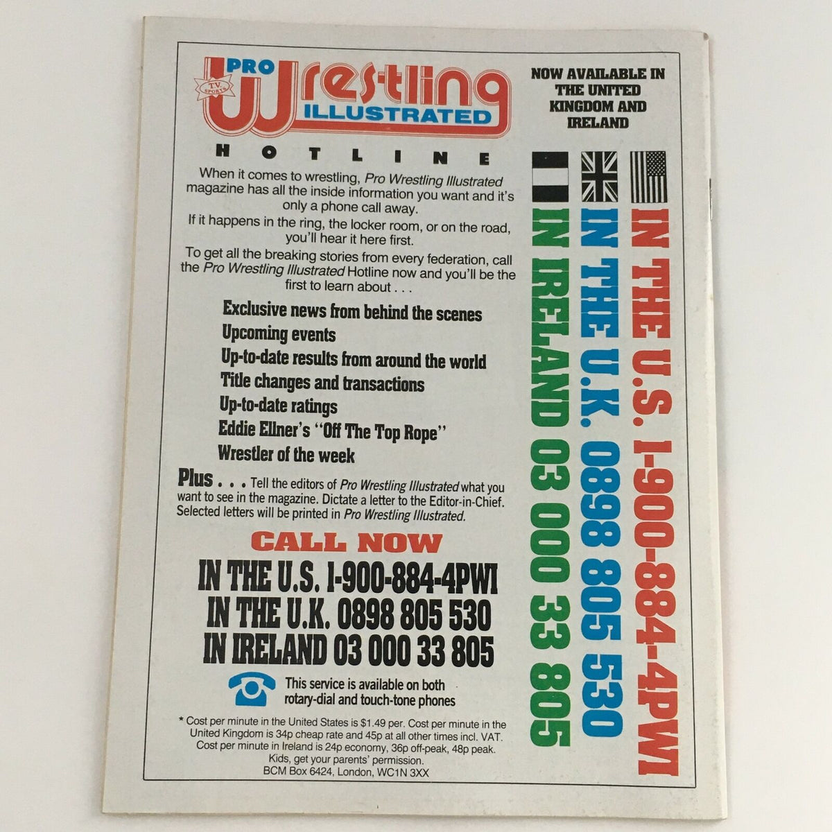 Back cover of Sports Review Wrestling Magazine April 1992 detailing the Pro Wrestling Illustrated Hotline for exclusive news and events.