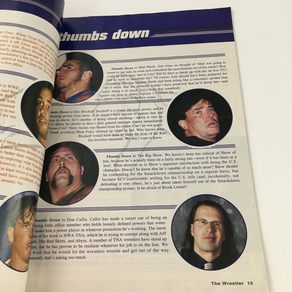 Inside page of The Wrestler Magazine May 2004 featuring notable reviews of professional wrestlers, including critiques on their performances and appearances, encapsulating the wrestling scene of the early 2000s.