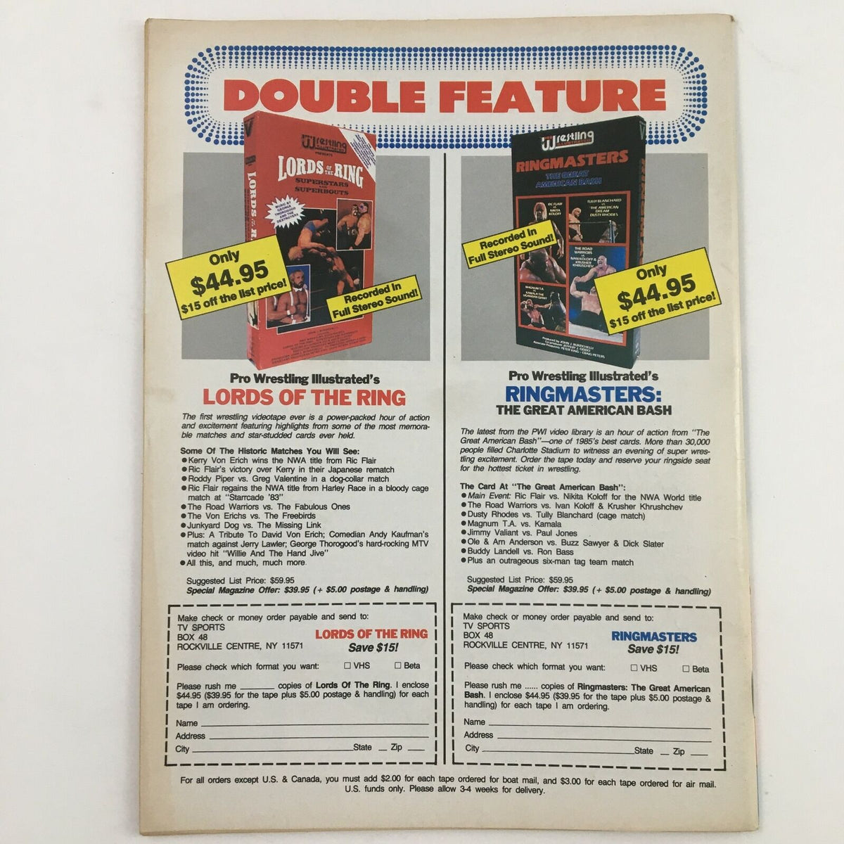 Back cover of Victory Sports Wrestling Magazine Fall 1987 advertising Pro Wrestling Illustrated's video features, including Lords of the Ring and Ringmasters.