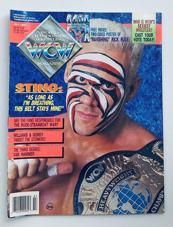 Cover of WCW Wrestling Magazine July 1992 featuring Sting with face paint and holding a championship title, showcasing wrestlers Williams, Gordy, and Van Hammer. Includes headlines about wrestling events and a promotion for a poster of 'Ravishing' Rick Rude.