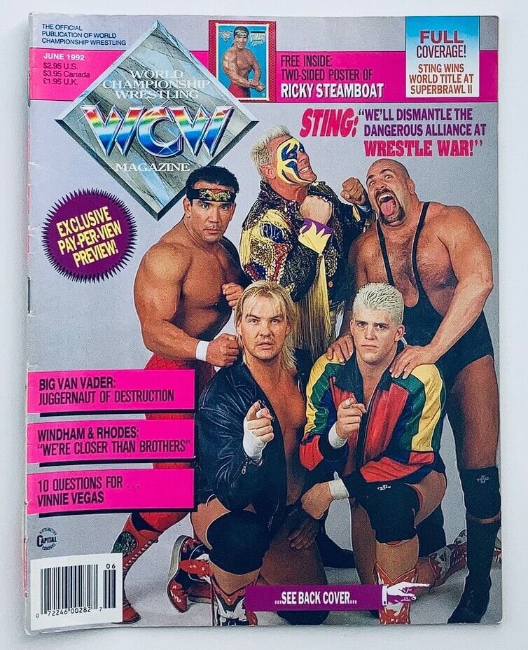 WCW Wrestling Magazine from June 1992 featuring iconic wrestlers Sting, Big Van Vader, Windham, and Rhodes on the cover. This vintage magazine highlights exclusive content and captures a significant moment in wrestling history.