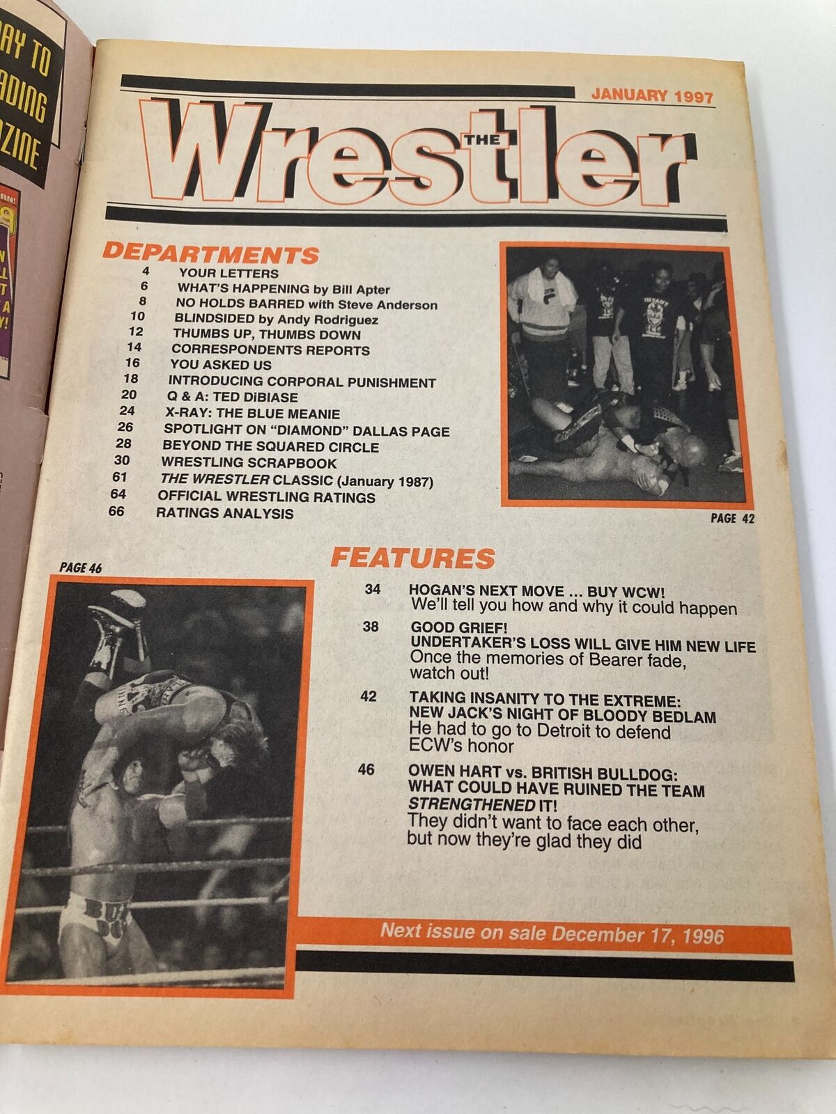 Inside page spread from The Wrestler Magazine January 1997, displaying the contents and feature articles, including noteworthy events and interviews related to wrestling.