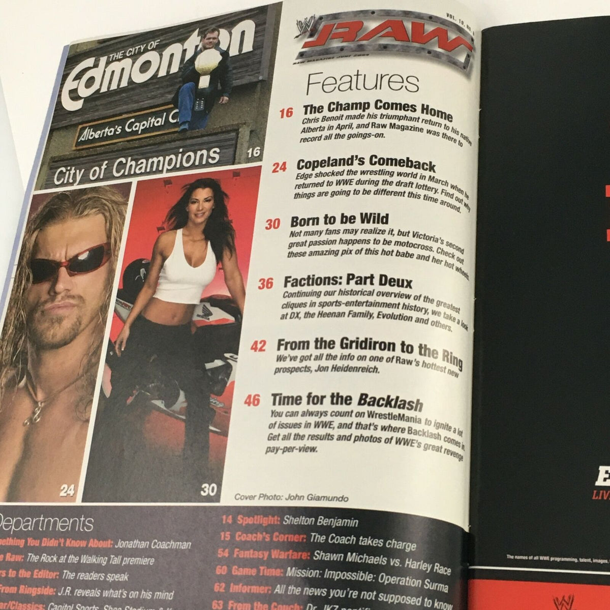 WWE Raw Magazine June 2004 featuring Edge and Chris Benoit, showcasing magazine features and content details.