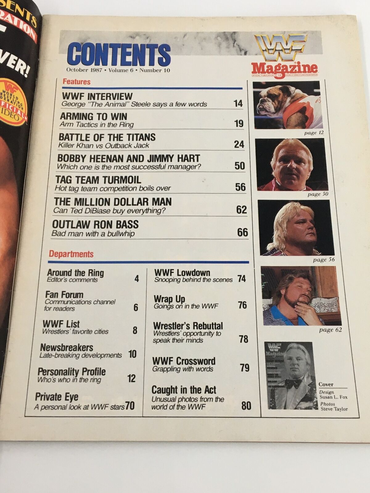 Table of contents of VTG WWF Magazine October 1987 detailing various articles about wrestling features, including interviews and match highlights.