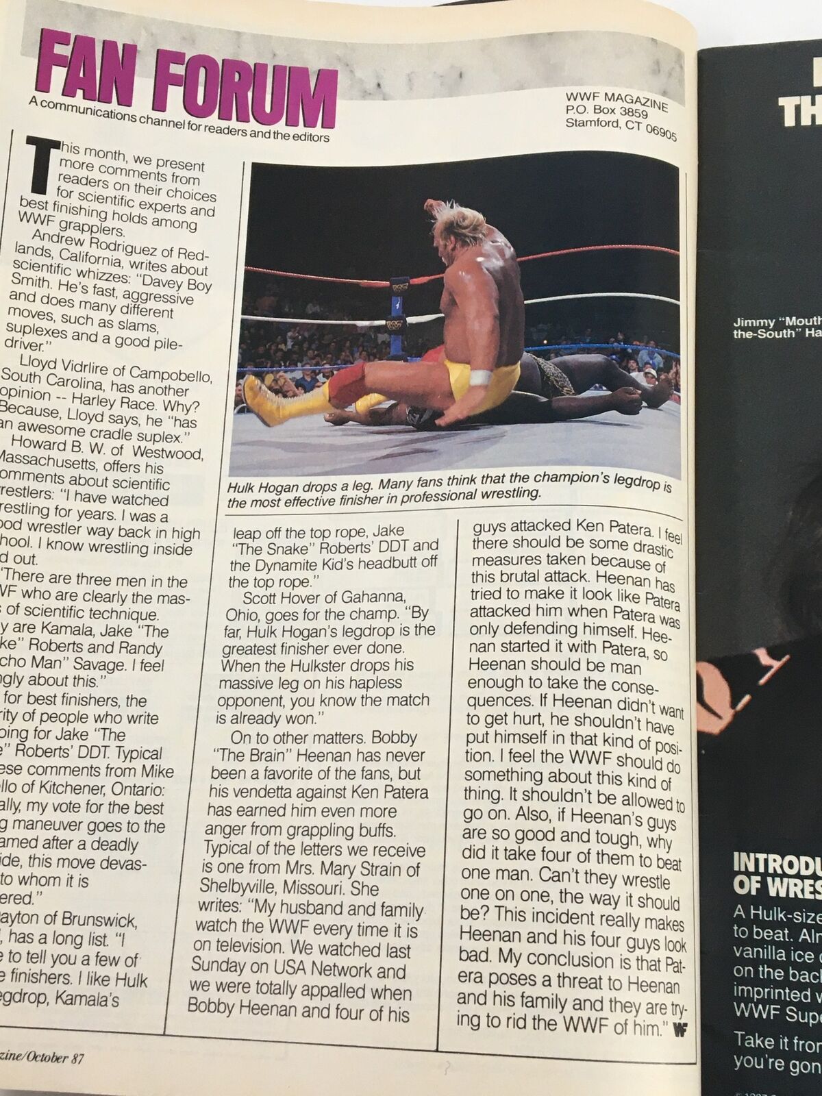 Fan forum page from VTG WWF Magazine October 1987 discussing popular wrestlers and their techniques, with a highlight on an iconic Hulk Hogan match.