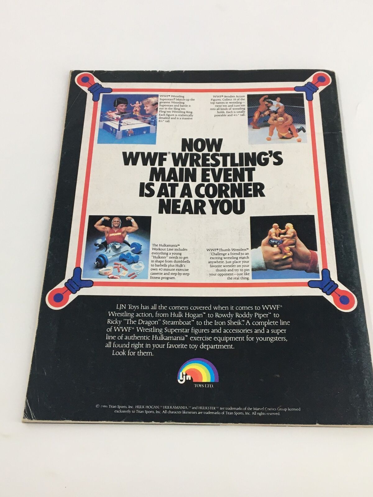 Back cover of VTG WWF Magazine October 1987 showcasing WWF's wrestling toys, featuring action figures and exercise equipment, emphasizing the wrestling culture of the late 1980s.