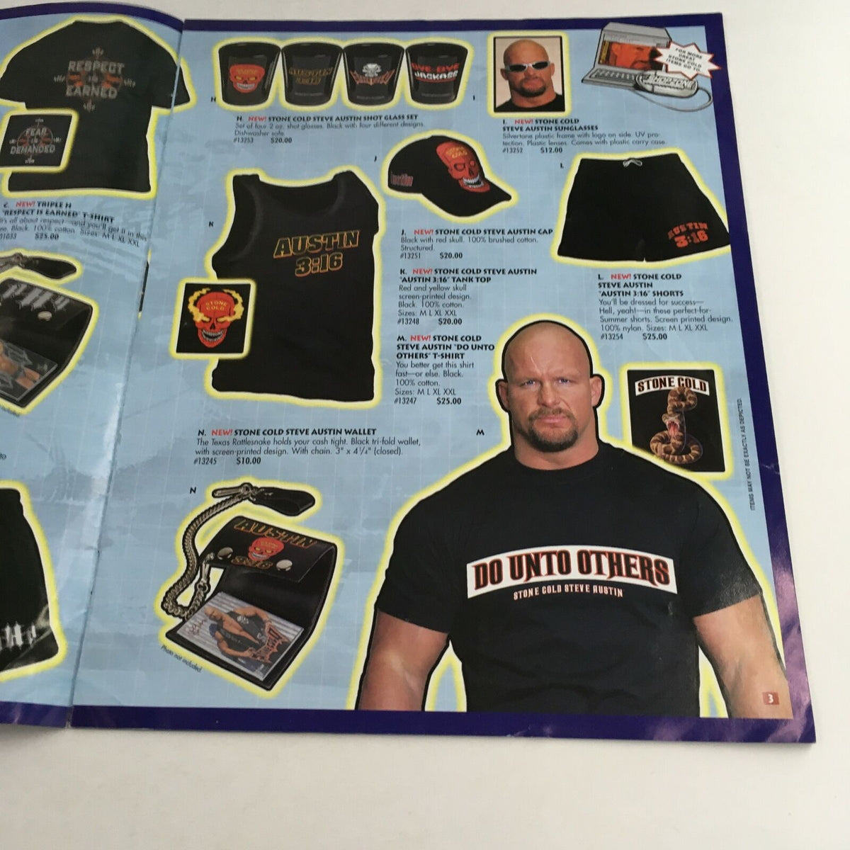 Interior page of WWE WWF Shop Zone catalog showcasing wrestling merchandise including Austin 3:16 apparel and accessories with a clear image of wrestlers.
