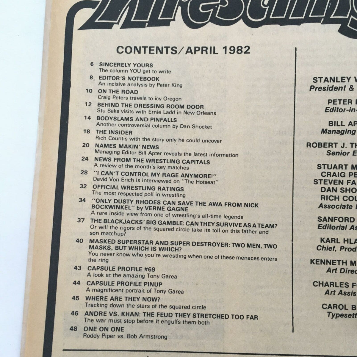 Contents page of Inside Wrestling Magazine April 1982 outlining articles, including a feature on Dusty Rhodes' impact on the AWA.