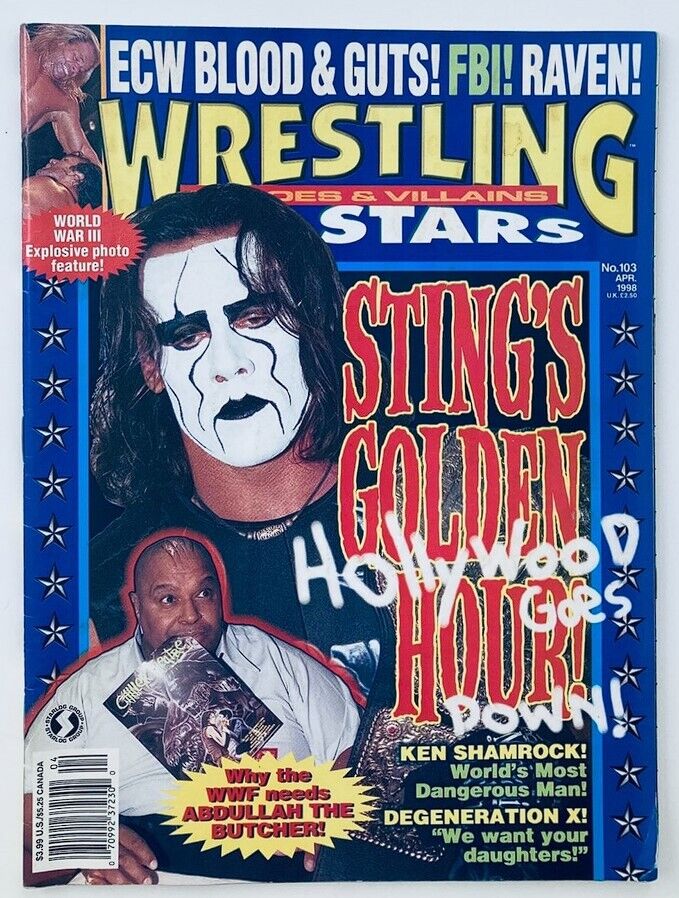 Cover of Wrestling All-Stars Magazine April 1998 featuring Sting and Abdullah the Butcher, showcasing vibrant colors and bold headlines about wrestling events.