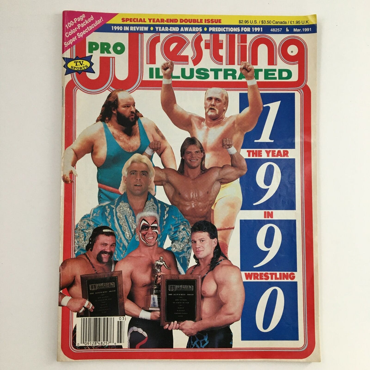 Pro Wrestling Illustrated March 1991 magazine cover featuring iconic wrestlers including Hulk Hogan and Larry Zbyszko. The cover highlights the year 1990 in wrestling with colorful graphics and prominent awards.