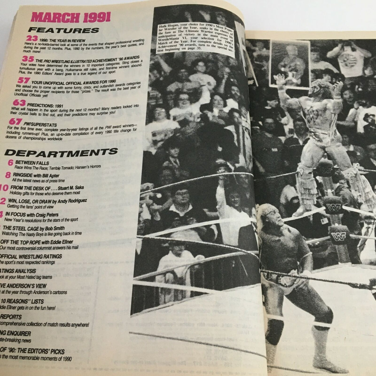 Inside page of Pro Wrestling Illustrated March 1991 magazine featuring a table of contents and highlights such as the year in review, showcasing iconic wrestling events and personalities.