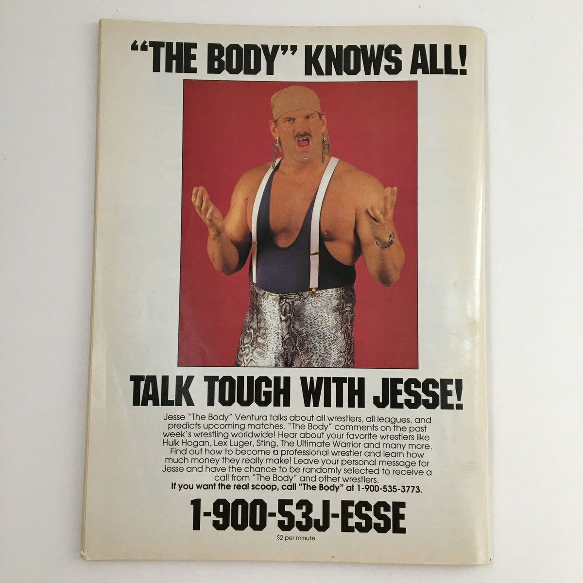 Back cover of Pro Wrestling Illustrated March 1991 magazine promoting Jesse 'The Body' Ventura's wrestling hotline with a bold message encouraging fans to call for insights and predictions.