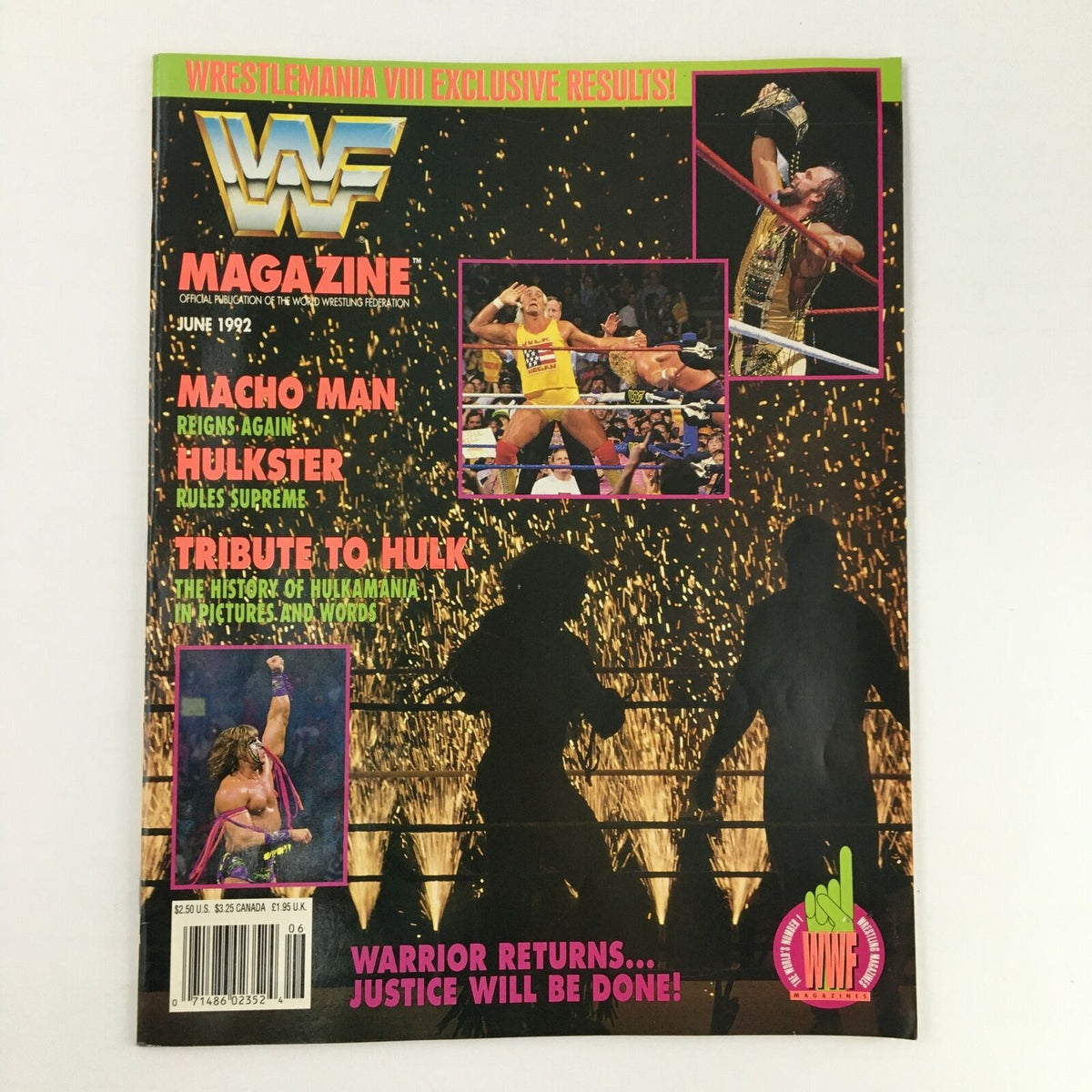 Cover of WWF Magazine June 1992 featuring Macho Man Randy Savage and Hulk Hogan, showcasing wrestling highlights and a vibrant design.