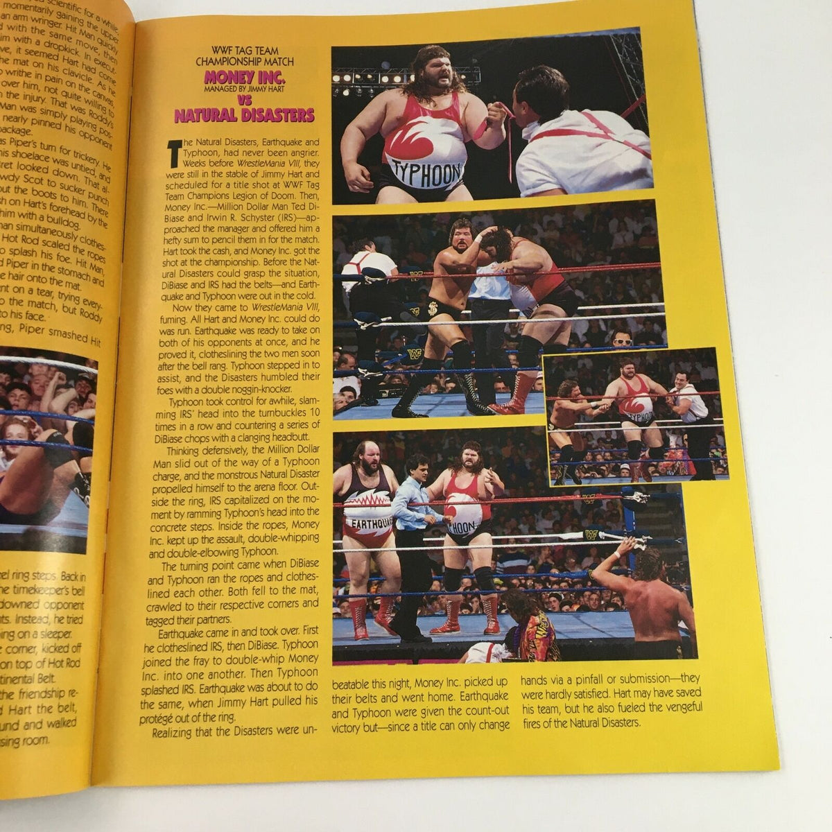 Inside page of WWF Magazine June 1992 detailing a WWF tag team championship match featuring Money Inc. and Natural Disasters.