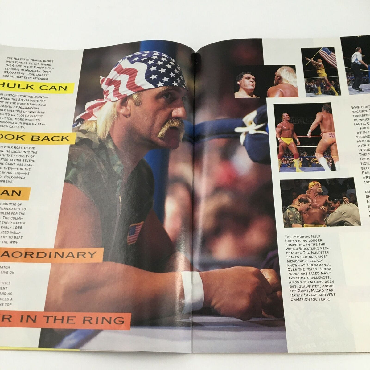 Inside page of WWF Magazine June 1992 highlighting Hulk Hogan with memorable moments and articles celebrating his wrestling career.