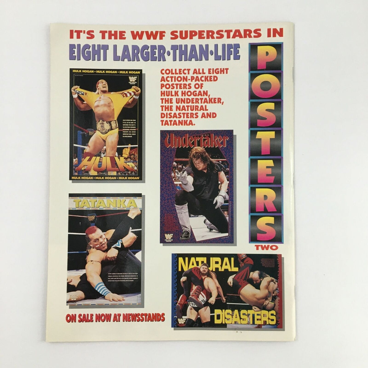 WWF Magazine June 1992 cover featuring posters of iconic wrestlers including Hulk Hogan, The Undertaker, Tatanka, and The Natural Disasters. This vintage magazine celebrates the legends of professional wrestling.