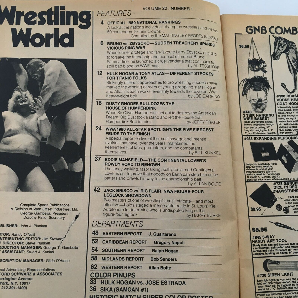 Interior page of Wrestling World Magazine 1980 displaying features including Hulk Hogan and Tony Atlas, and wrestling rankings, capturing the essence of professional wrestling during the era.