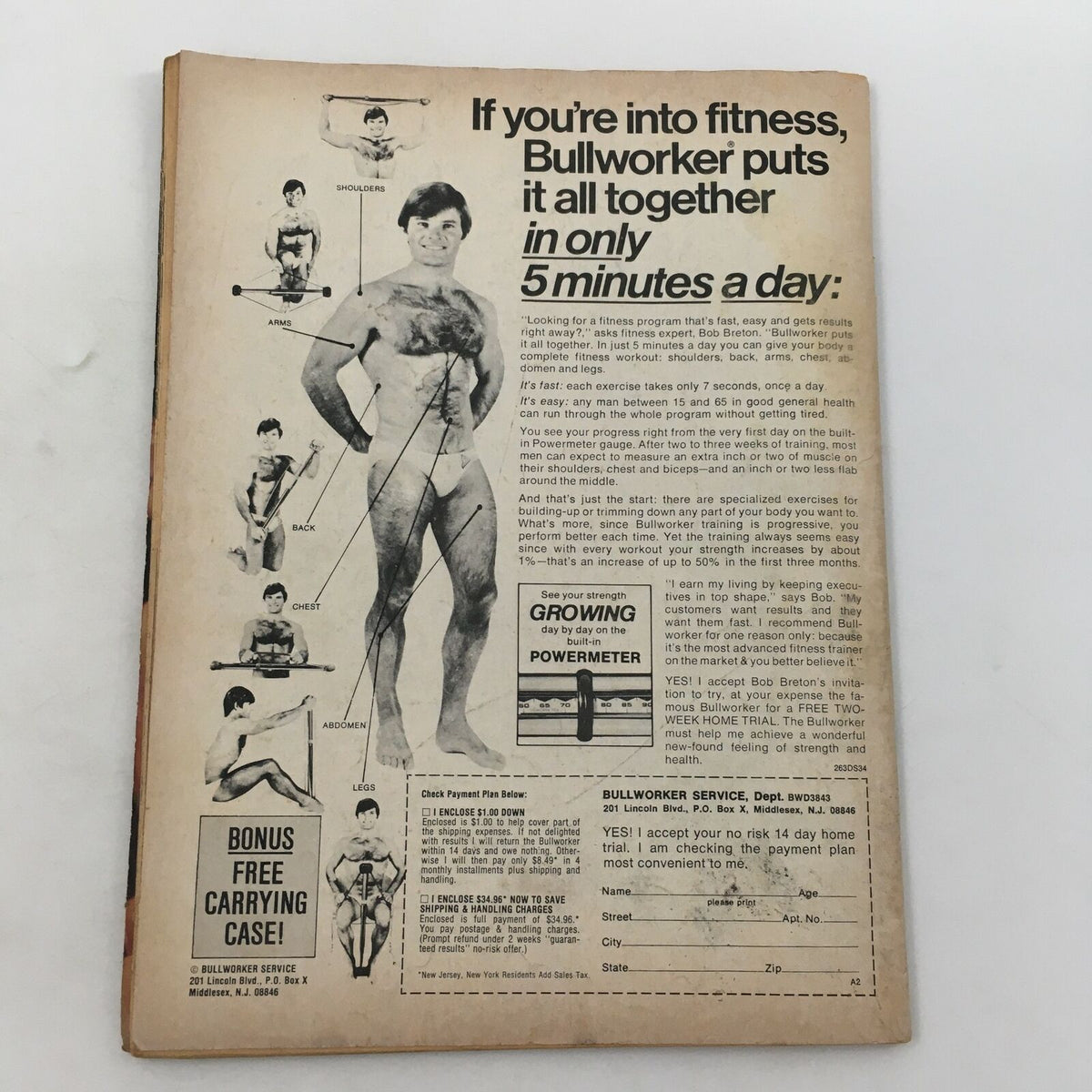 Back cover of Wrestling World Magazine 1980 advertising fitness program Bullworker, providing a vintage aesthetic relevant to wrestling and health.