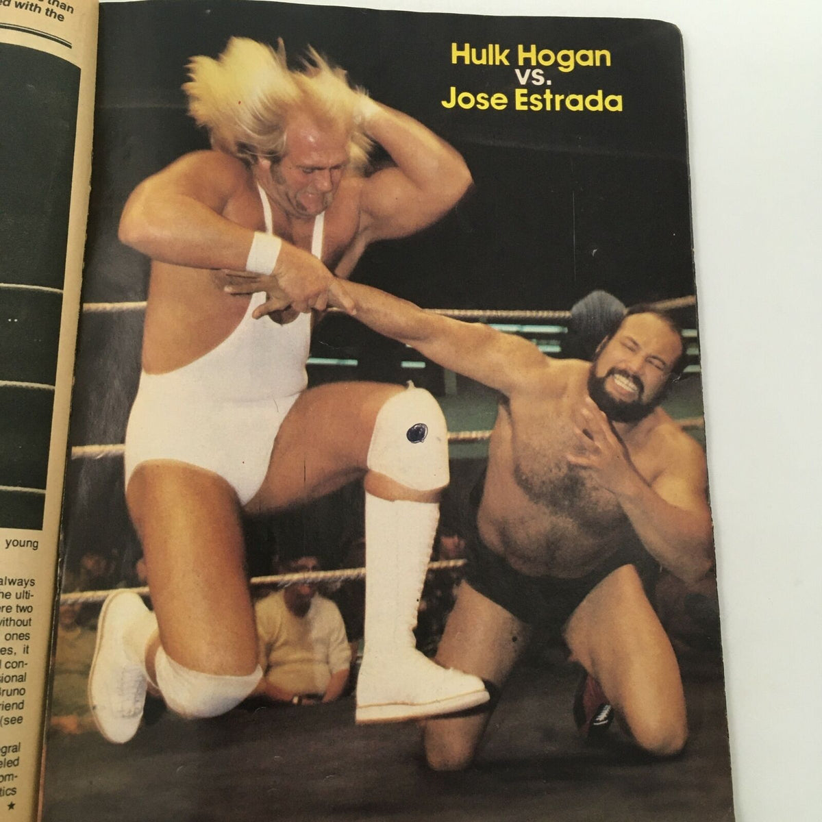 Action shot from Wrestling World Magazine 1980 featuring Hulk Hogan vs. Jose Estrada, capturing the excitement and intensity of classic wrestling matches.